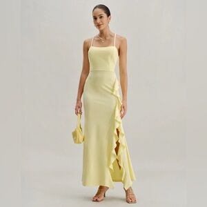 Rihoas Yellow Ruffle Backless Slit Slip Maxi Dress